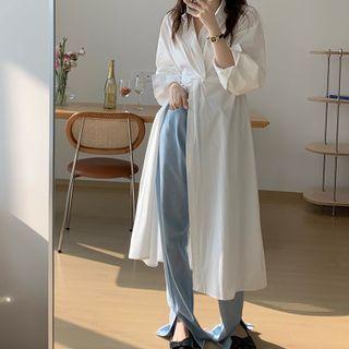 Long Sleeve Plain Knotted Maxi Shirt Dress