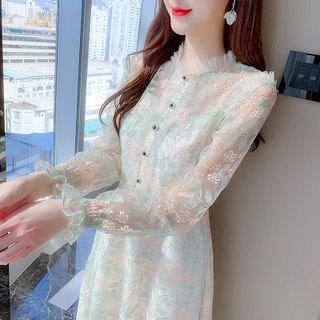 Long-sleeve Floral Embroidered Lace Midi A-line Dress