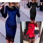 Lace Hem Long Sleeve Velvet Dress