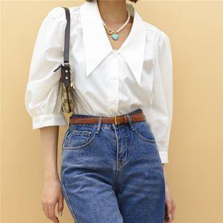 Quarter-sleeve Pointy-collar Plain Shirt