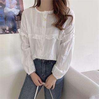 Long-sleeve Plain Ruffle Trim Blouse