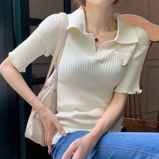 Polo Short-sleeve V-neck Plain Knit Top