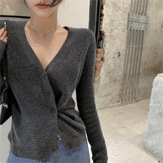 Plain V-neck Long-sleeve Slim-fit Knit Top Gray - One Size