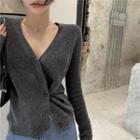 Plain V-neck Long-sleeve Slim-fit Knit Top Gray - One Size