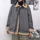 Faux Shearling Letter Embroidered Zip Jacket