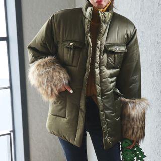 Faux-fur Cuff Drawstring-waist Puffer Jacket