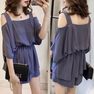 Set: Cold-shoulder Elbow-sleeve Top + Wide-leg Shorts