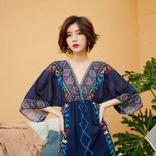 Print Elbow-sleeve A-line Midi Dress Navy Blue - One Size