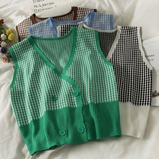 Double-breasted Checker Knit Vest In 5 Colors