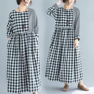 Long-sleeve Plaid Maxi Shift Dress