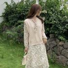 Flower Print Long-sleeve Midi A-line Dress / Knit Vest / Set