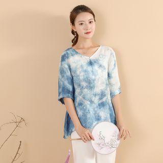 Elbow-sleeve Indigo Dyed Blouse Blue - One Size