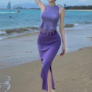 Sleeveless Fringed Knit Top / Slit Midi Skirt