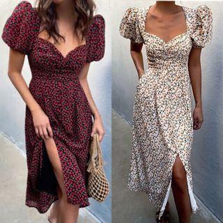 Puff-sleeve Floral Slit A-line Dress
