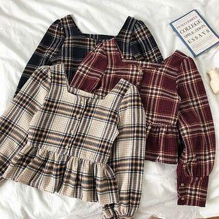 Color-block Plaid Square-neck Ruffled-trim Long-sleeve Blouse