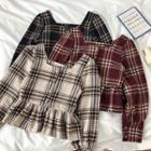 Color-block Plaid Square-neck Ruffled-trim Long-sleeve Blouse