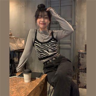 Long-sleeve Cutout Mock-neck Top / Zebra Print Camisole Top