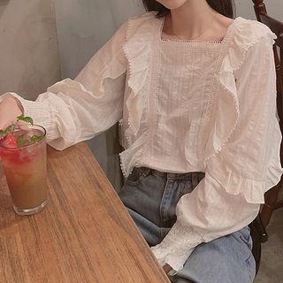 Lace Trim Ruffle Blouse White - One Size