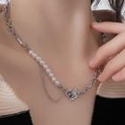 Faux Pearl Choker Necklace Purple Rhinestone & White Faux Pearl - Silver - One Size