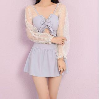 Puff-sleeve Dotted Panel Ruffled Bikini