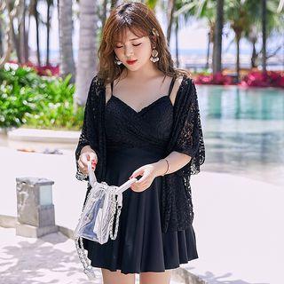 Set: Spaghetti-strap Swimdress + Lace Beach Cover-up