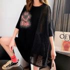 Short-sleeve Smiley Face Print Lace Panel T-shirt