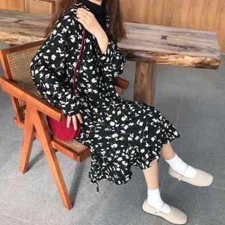 Mock Two-piece Long-sleeve Floral Print Midi A-line Dress Black - One Size