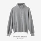 Mock-neck Plain Zip Drawstring Oversize Sweatshirt