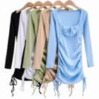 Drawstring Square-neck Long-sleeve Mini Sheath Dress