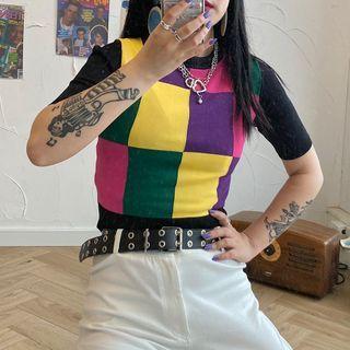 Color Block Short-sleeve Knit Cropped Top