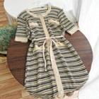 Striped Short-sleeve Knit Dress Almond - One Size