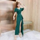 Short-sleeve Cold Shoulder Slit-hem A-line Maxi Dress