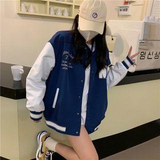 Lettering Baseball Jacket White Sleeve - Dark Blue - One Size