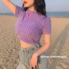 Short-sleeve Butterfly Embroidered Furry Crop Top Purple - One Size
