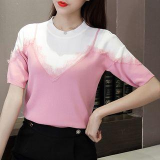 Color Panel Lace Trim Short Sleeve Knit Top