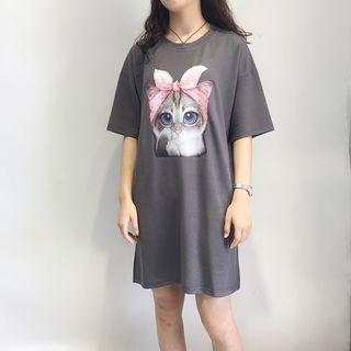Elbow-sleeve Cat Print T-shirt Dress