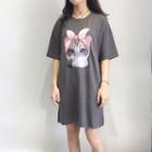 Elbow-sleeve Cat Print T-shirt Dress