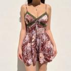 Spaghetti Strap V-neck Lace-trim Floral Print Mini Dress