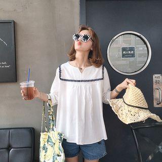 Split-neck 3/4-sleeve Linen Cotton Top