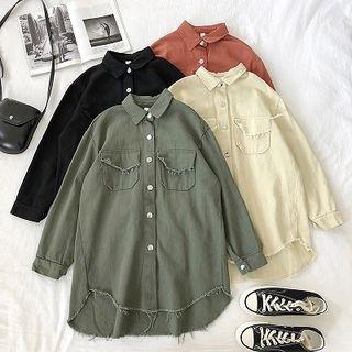 Asymmetric Frayed Long-sleeve Denim Blouse