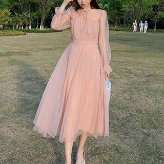 Long Sleeve Pleated-front Mesh A-line Dress