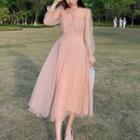 Long Sleeve Pleated-front Mesh A-line Dress