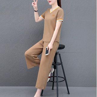 Set: Short-sleeve V-neck T-shirt + Straight Leg Pants