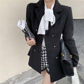 Plain Slim-fit Coat / Long-sleeve Blouse / Houndstooth Shorts