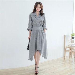 Asymmetric-hem Button-trim Check Dress One Size