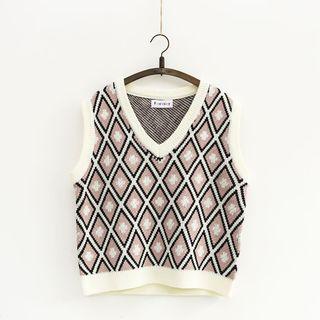 Diamond Pattern V-neck Knit Vest