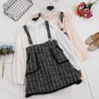 Set: Stand Collar Frilled Blouse + Tweed Jumper Skirt