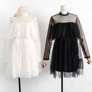 Dotted Sheer-panel Ruffled Mesh A-line Dress