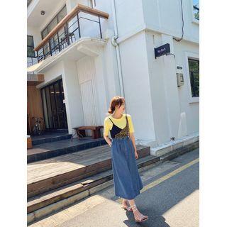 Pleated Flared Long Denim Skirt