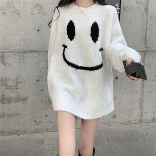 Long-sleeve Smiley Face Embroidered Sweater White - One Size